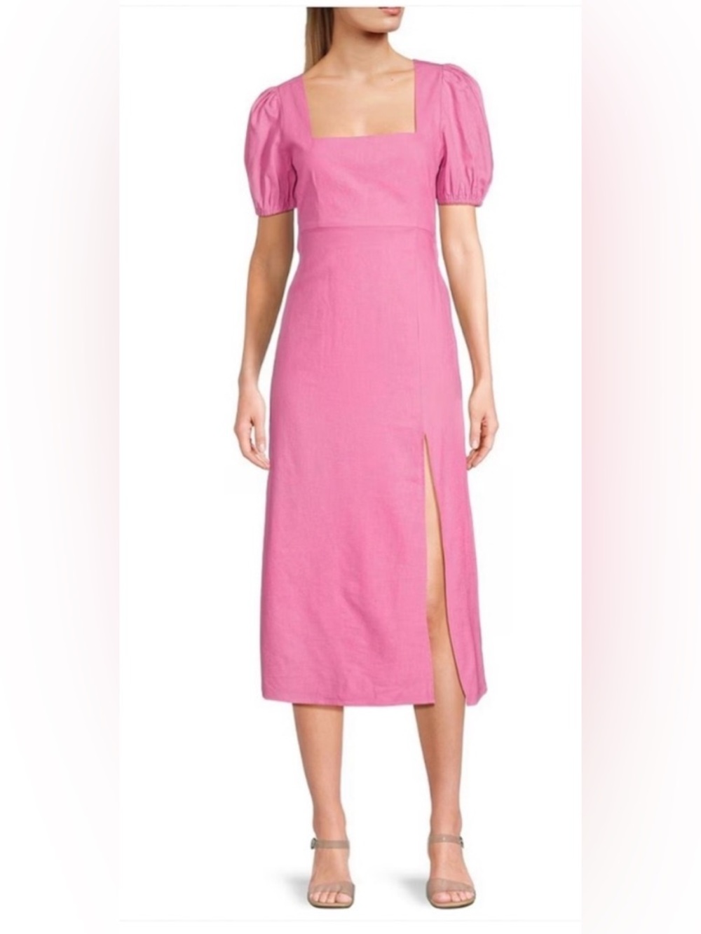 Gianni Bini Hot Pink Square Neck Midi Dress with Puff Sleeves